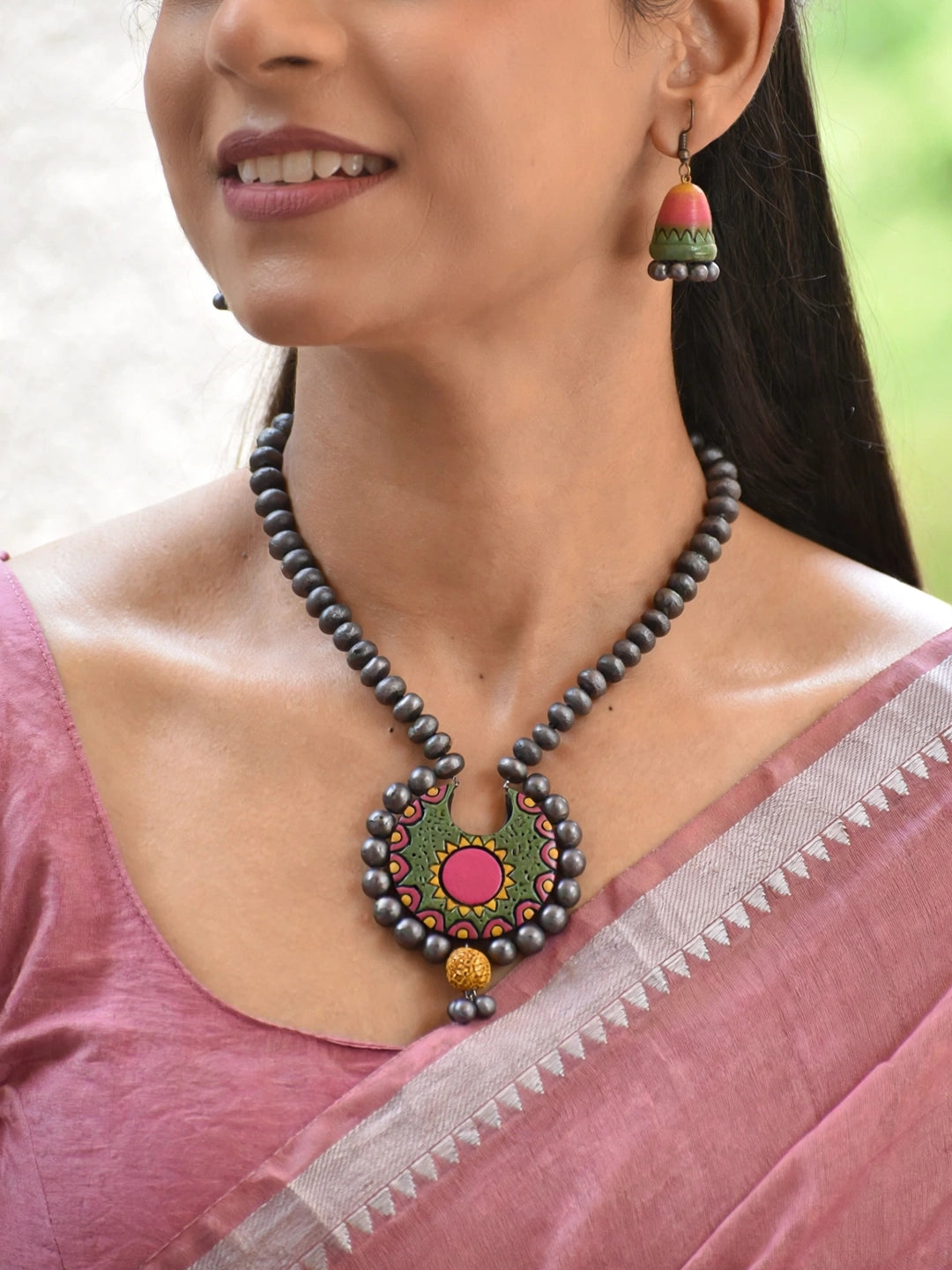 Handmade Pink & Green Crescent Statement Necklace Set