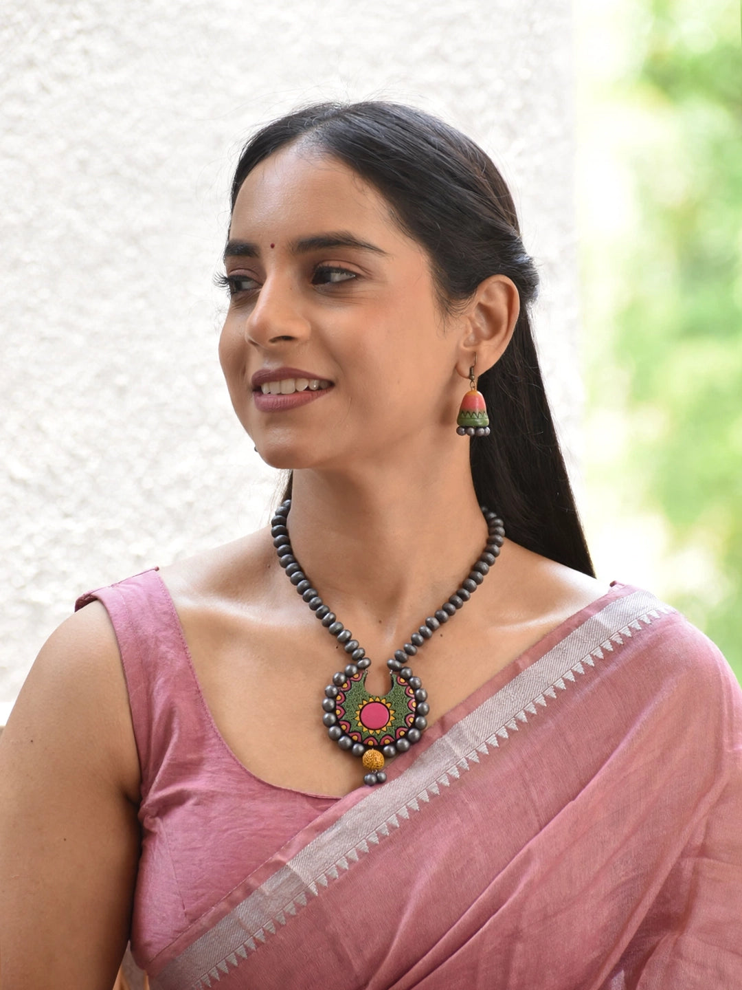 Handmade Pink & Green Crescent Statement Necklace Set