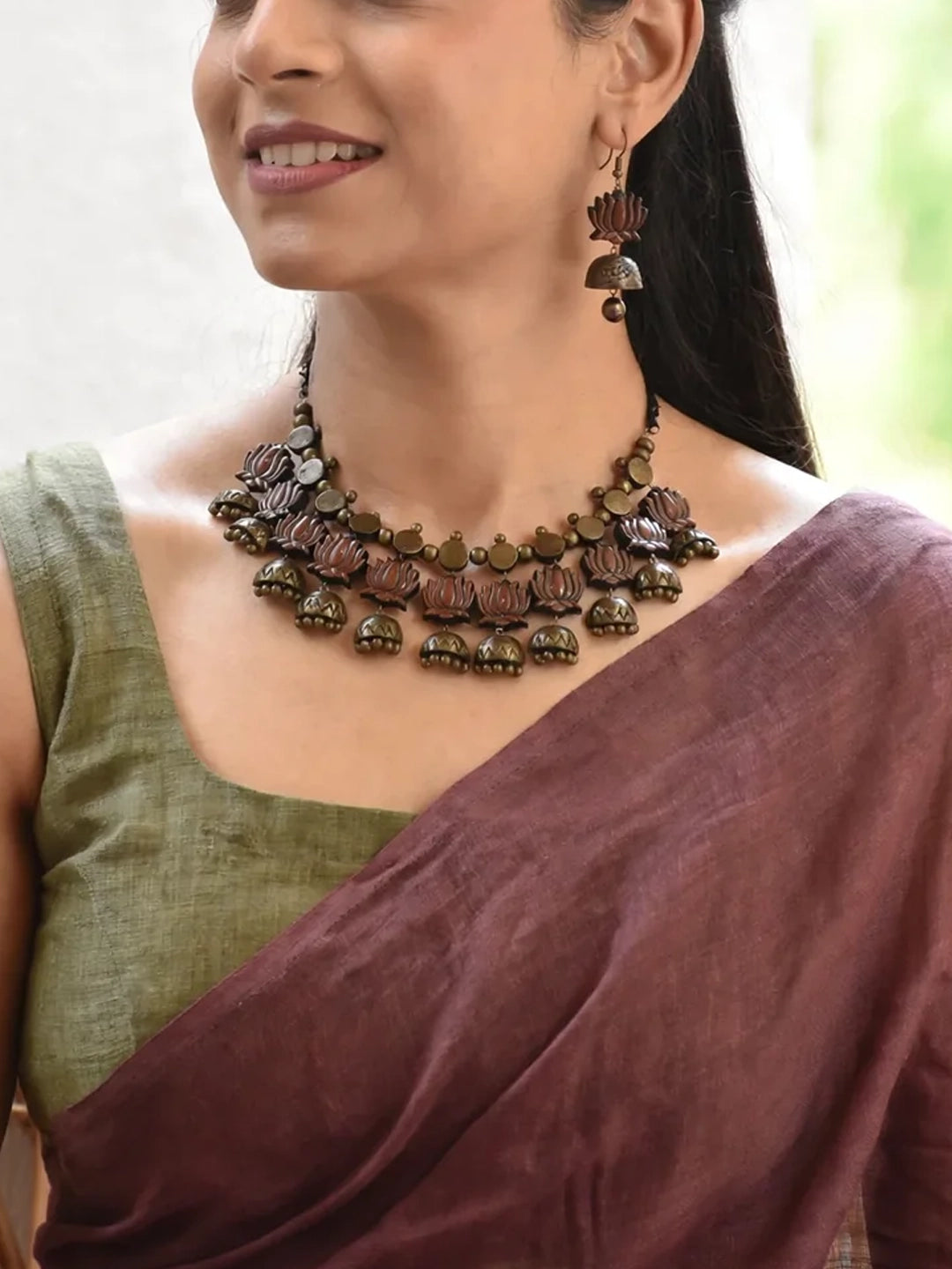 Handmade Lotus Jhumka Statement Necklace Set