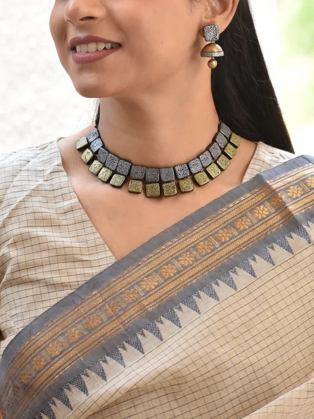 Dual Tone Silver & Gold Geometric Choker Necklace Set