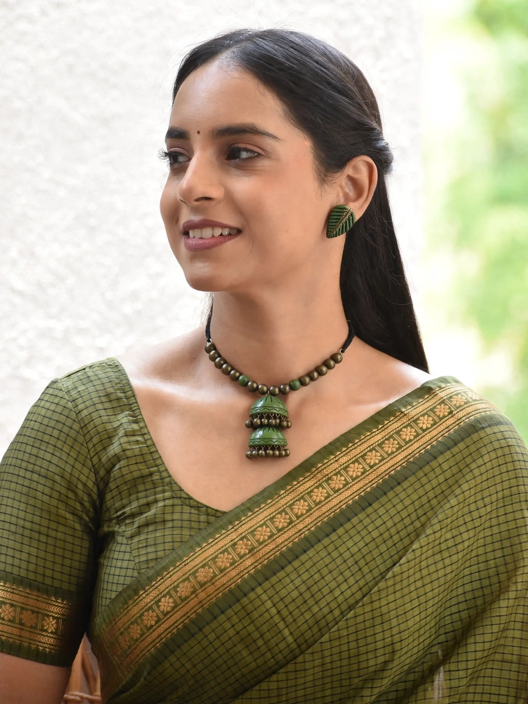 Handmade Green Double Jhumka Necklace Set