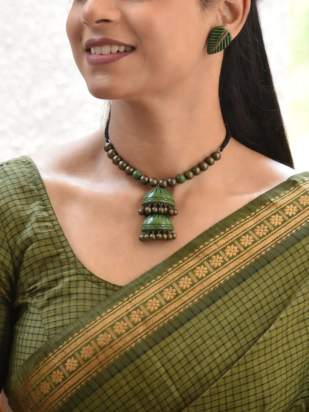 Handmade Green Double Jhumka Necklace Set