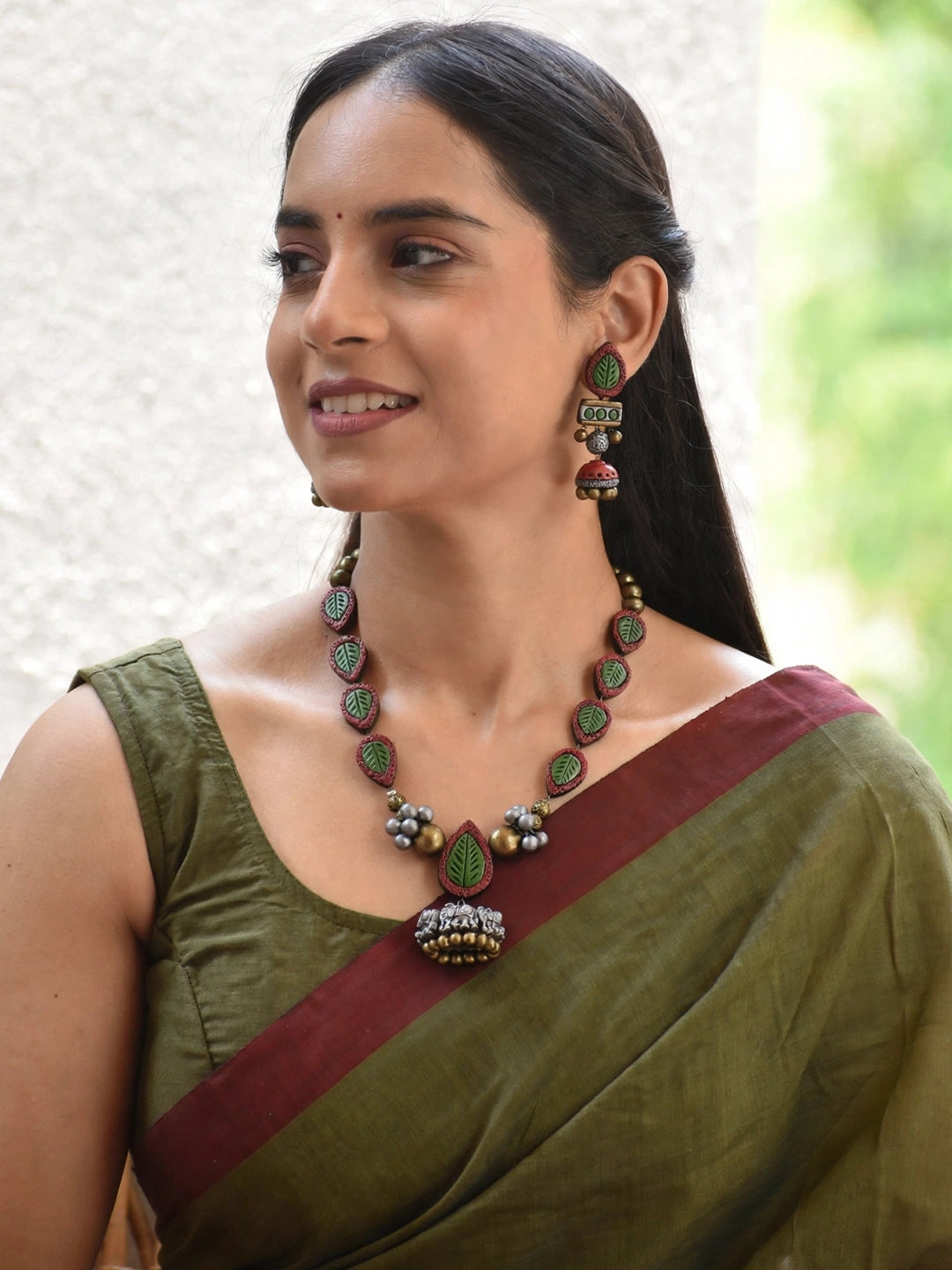 Handmade Green Leaf Long Necklace Set