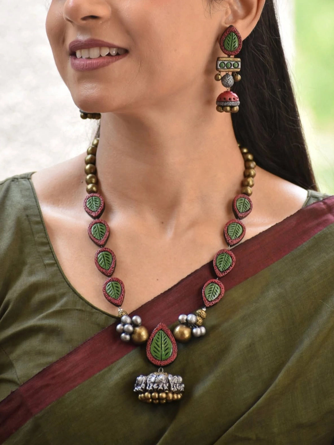 Handmade Green Leaf Long Necklace Set