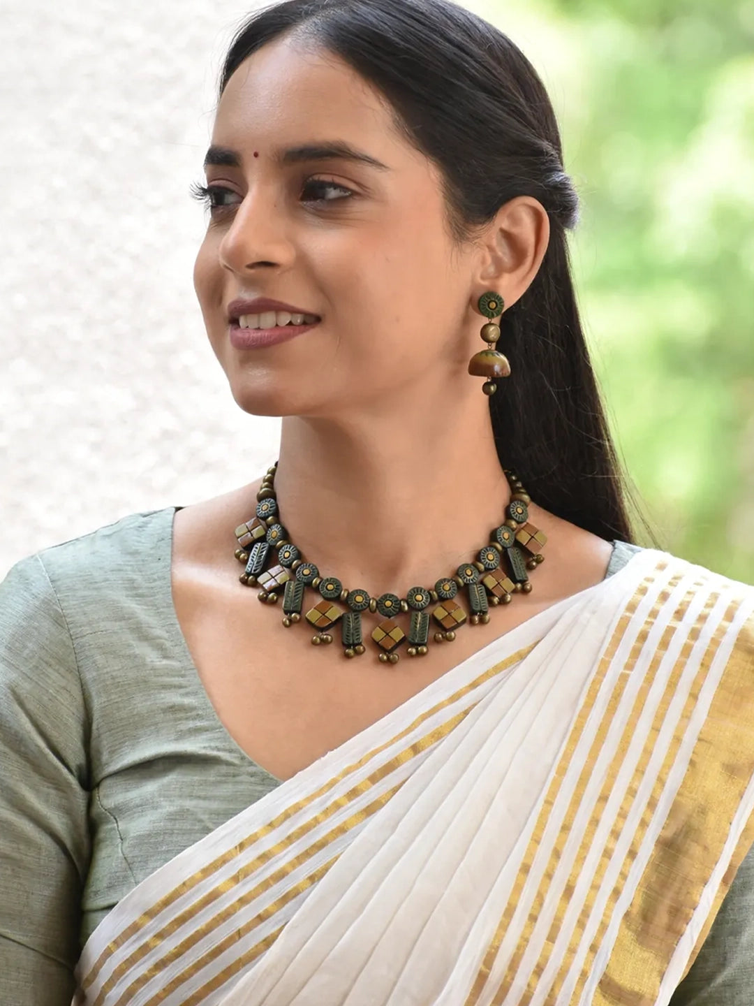 Handmade Green Geometric Statement Necklace Set