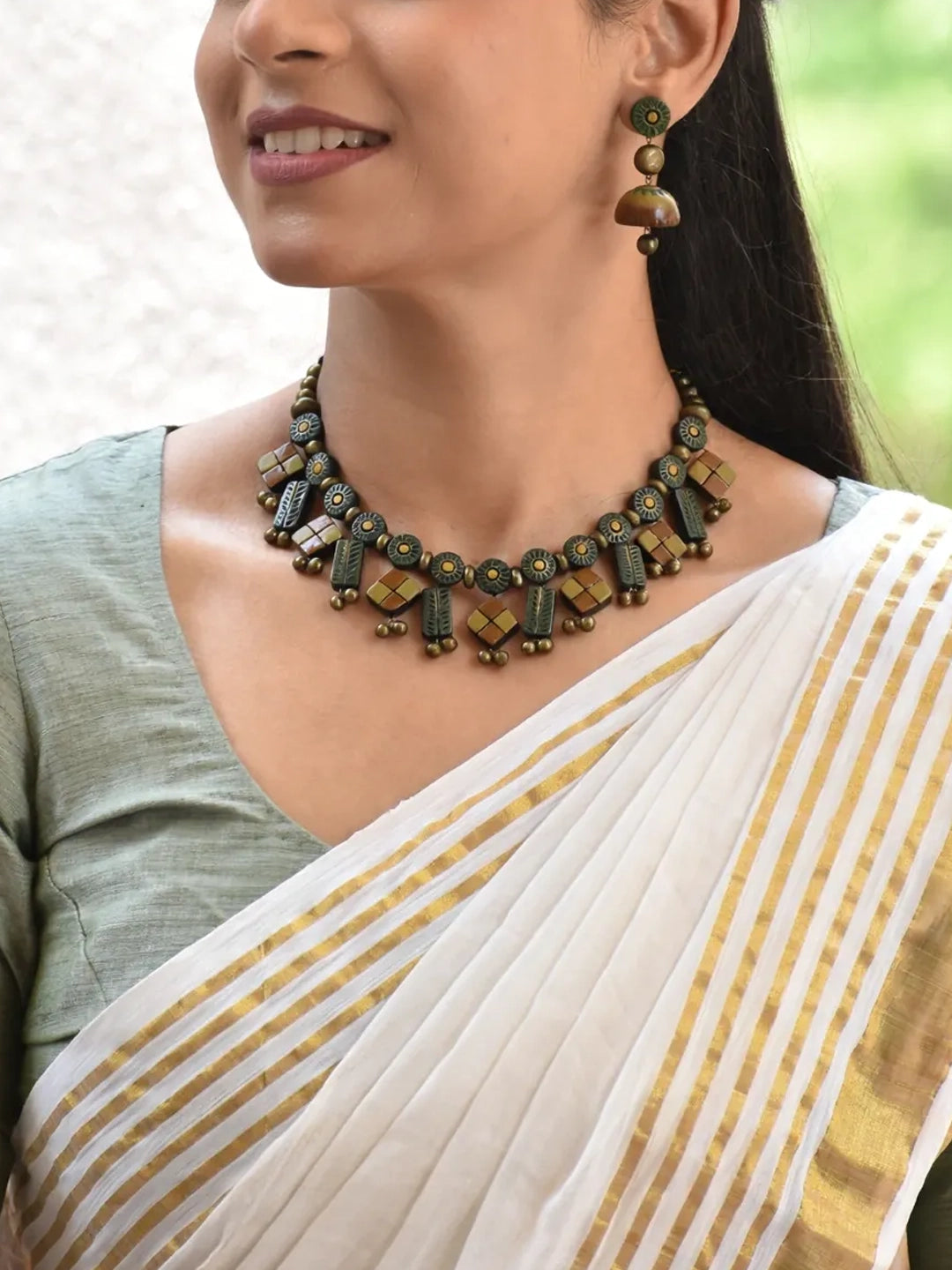 Handmade Green Geometric Statement Necklace Set