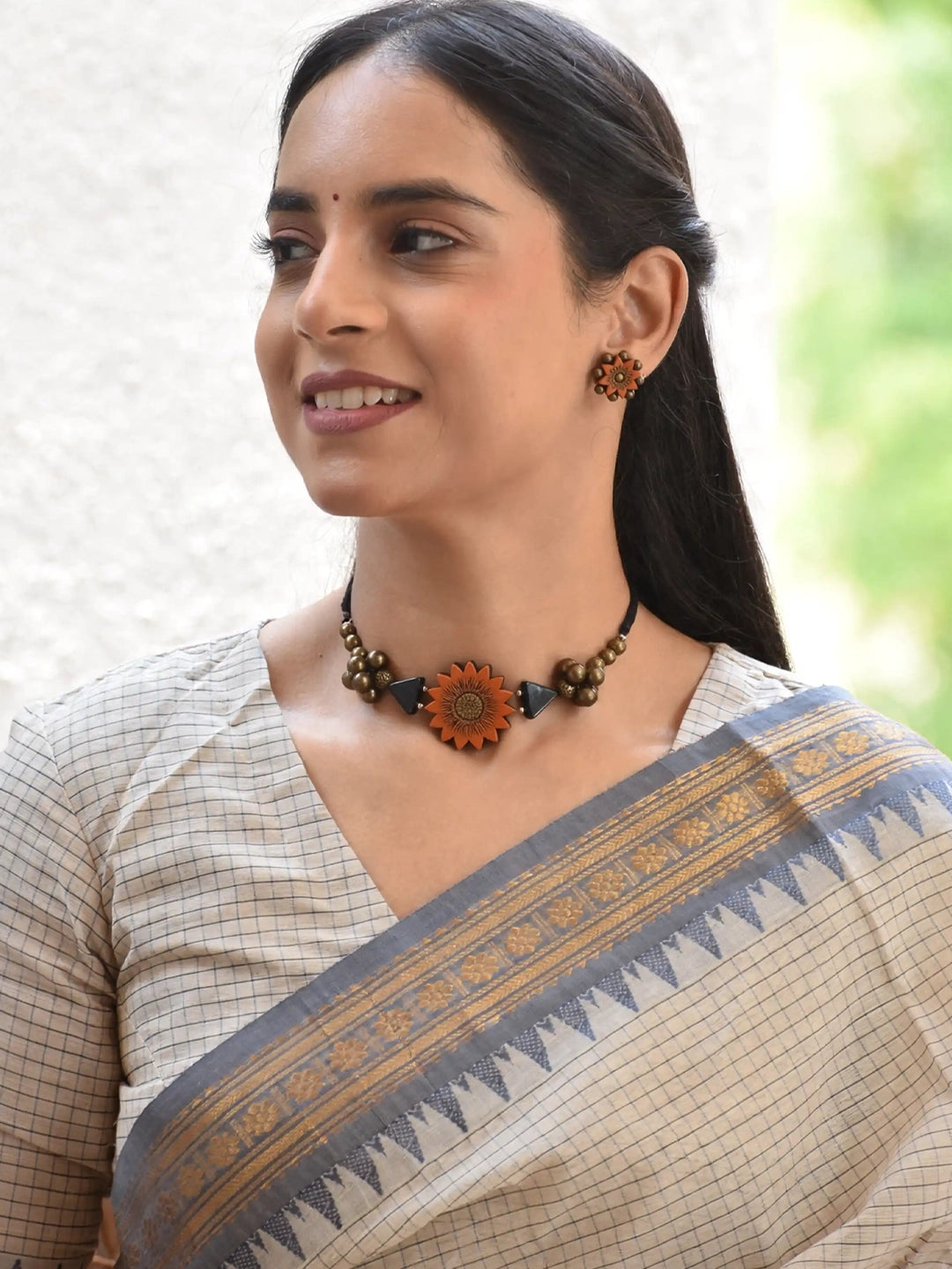 Handmade Orange Sunflower Choker Necklace Set