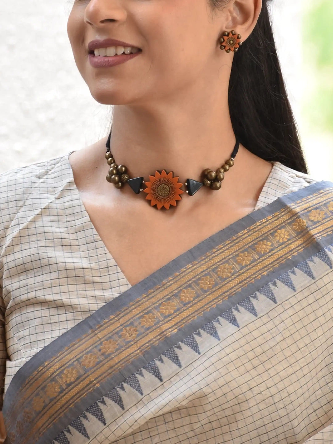 Handmade Orange Sunflower Choker Necklace Set