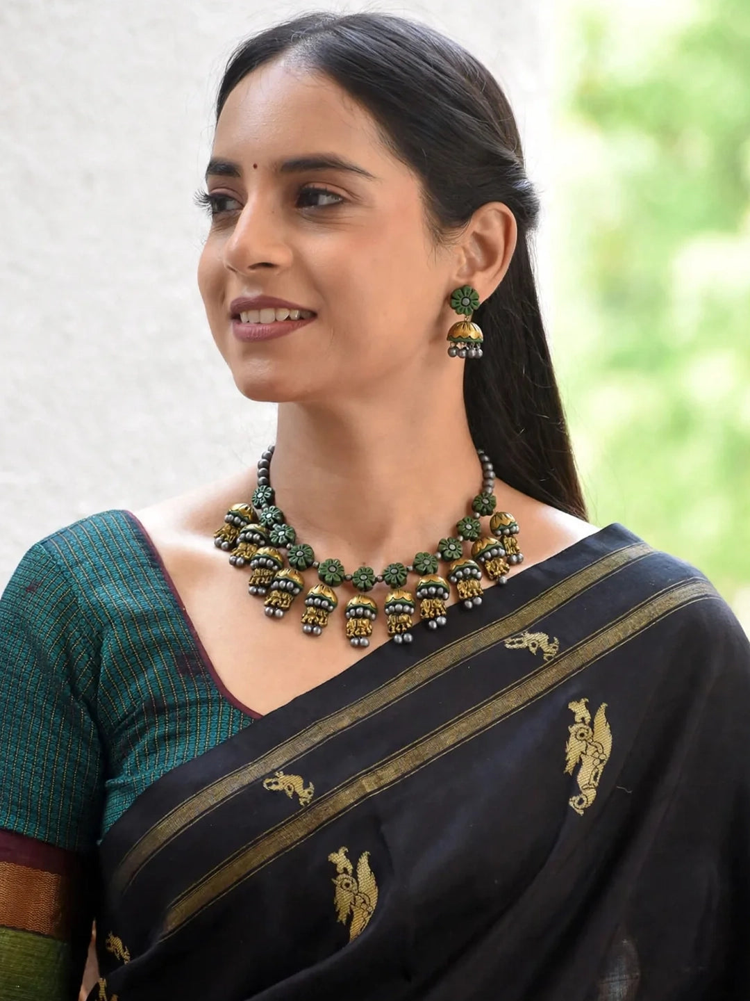 Handmade Green Floral Jhumka Necklace Set