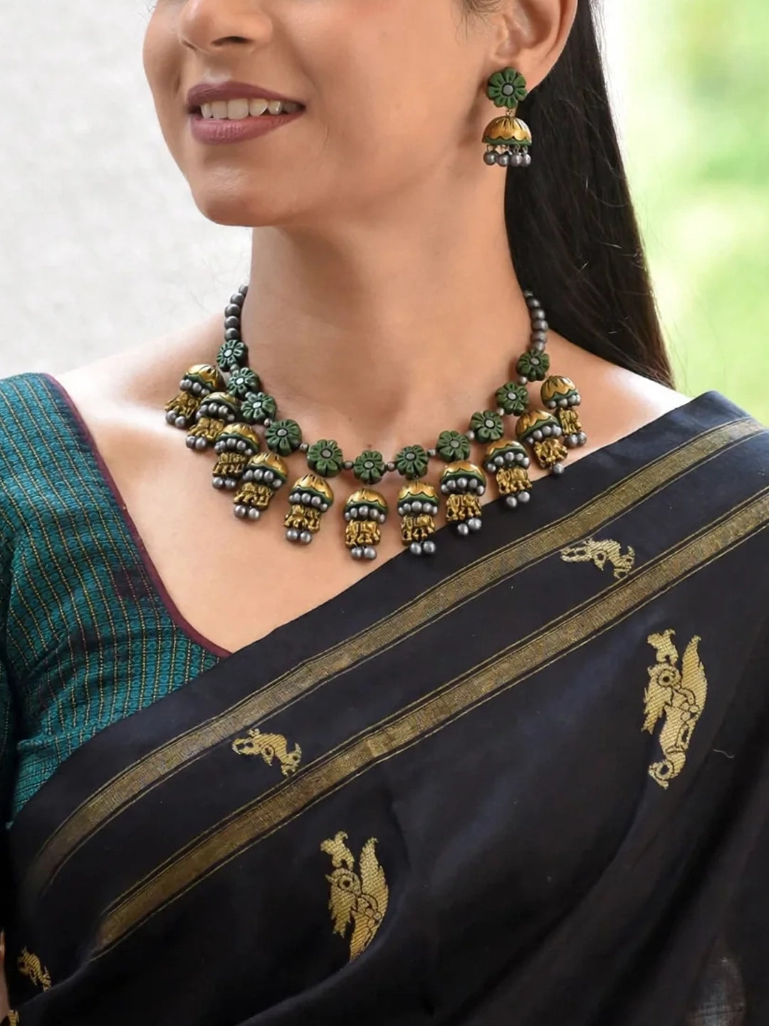 Handmade Green Floral Jhumka Necklace Set