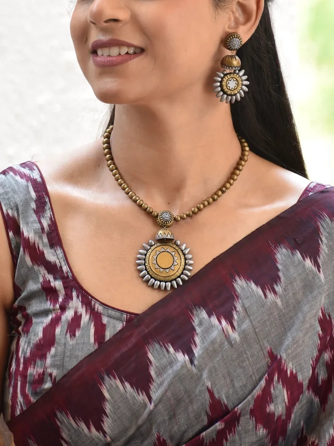 Handmade Dual Tone Sun Medallion Necklace Set