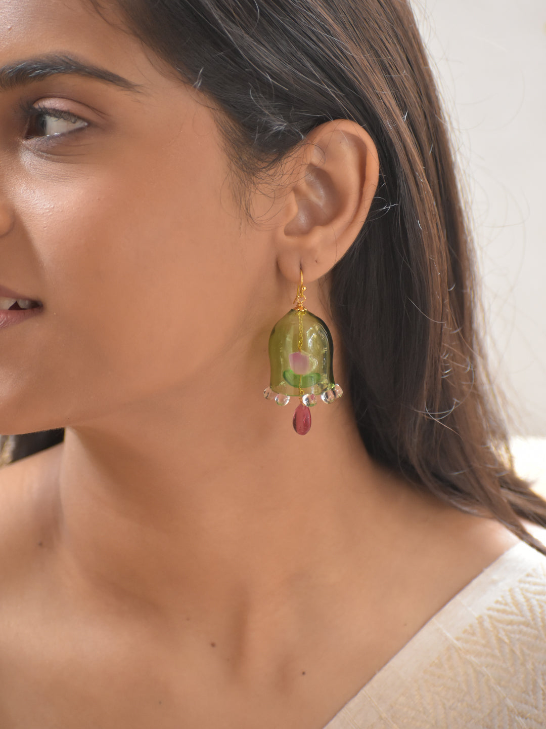 Handcrafted Green Glass Bell-Shaped Floral Earrings with Bead Drops