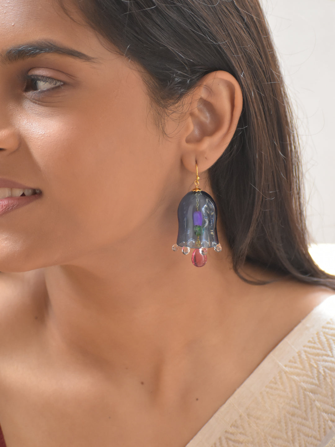 Handcrafted Blue Glass Bell-Shaped Floral Earrings with Bead Drops