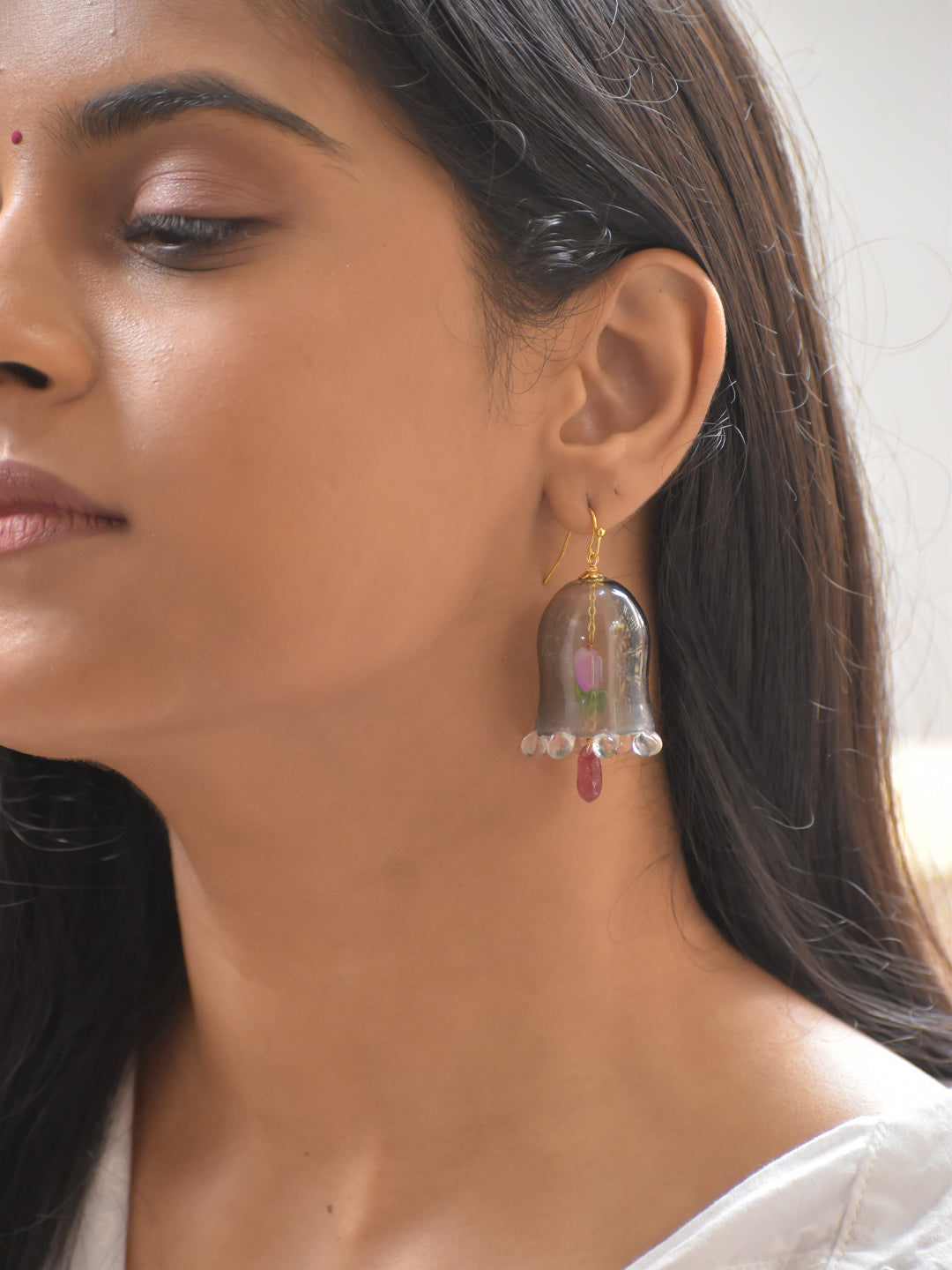 Handcrafted Glass Bell-Shaped Floral Earrings with Colorful Beads