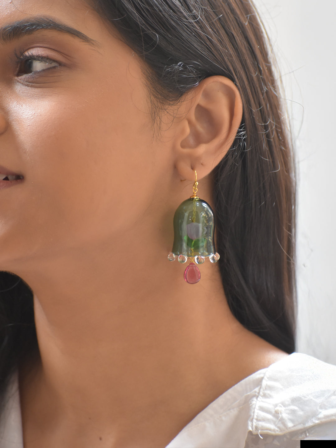 Handcrafted Dark Green Glass Bell-Shaped Floral Earrings with Bead Drops
