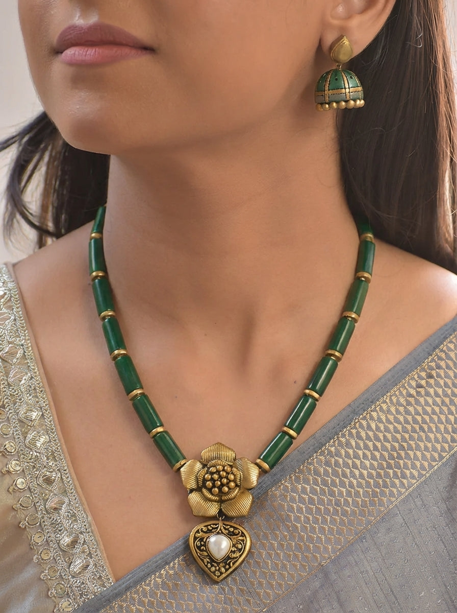 Suvarna Pushpa Lata — Golden Blossom Charm Terracotta Necklace Set With Jhumkas