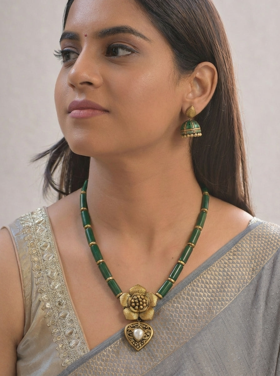 Suvarna Pushpa Lata — Golden Blossom Charm Terracotta Necklace Set With Jhumkas