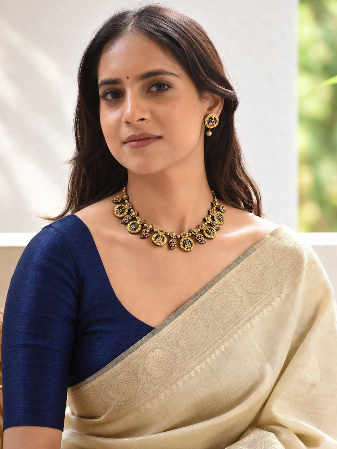 Nandini — Antique Gold Multicolour Oval Medallion Choker Necklace Handmade Jewellery