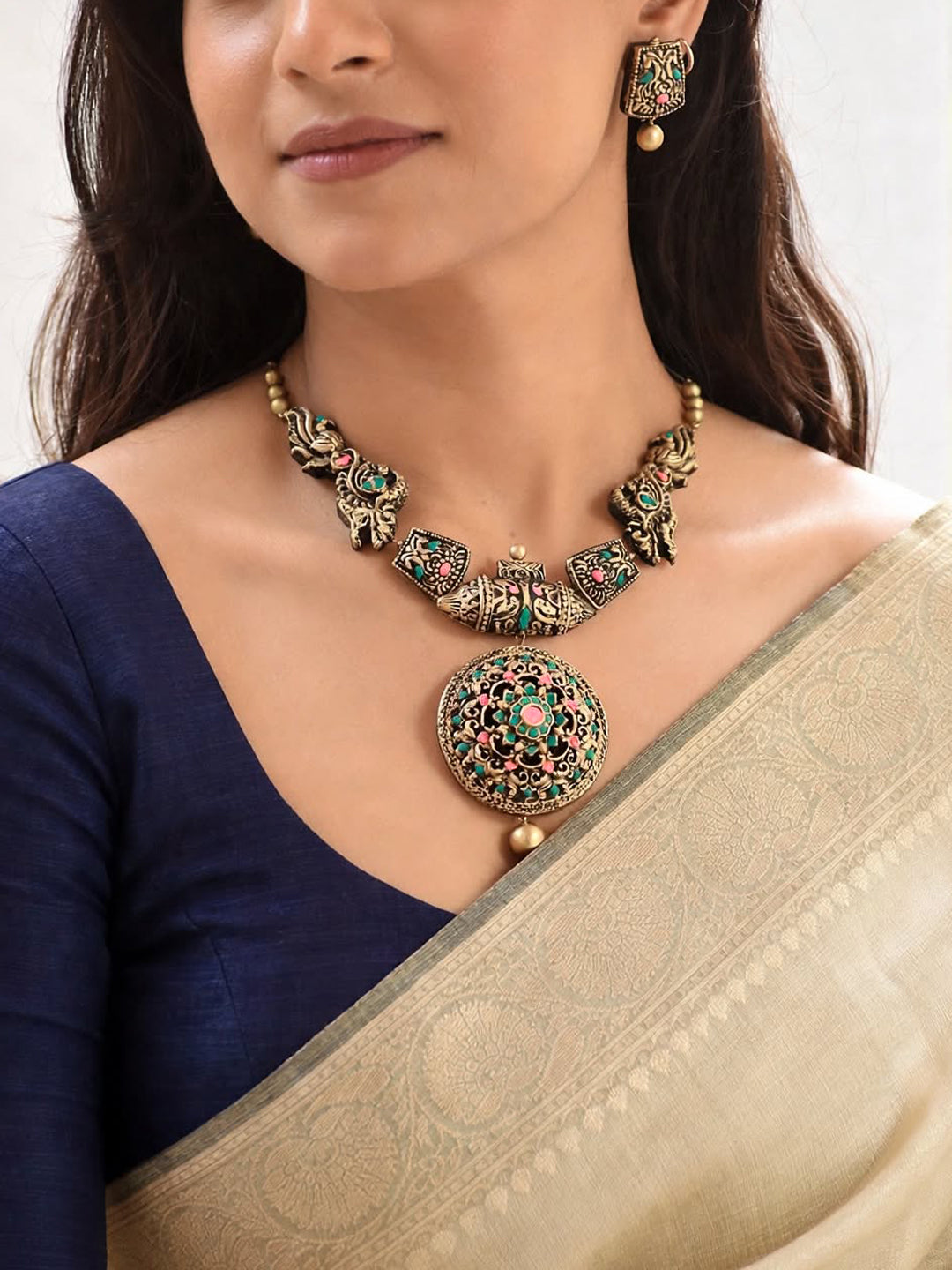 Devika — Antique Gold Turquoise and Coral Round Pendant Necklace Handmade Jewellery
