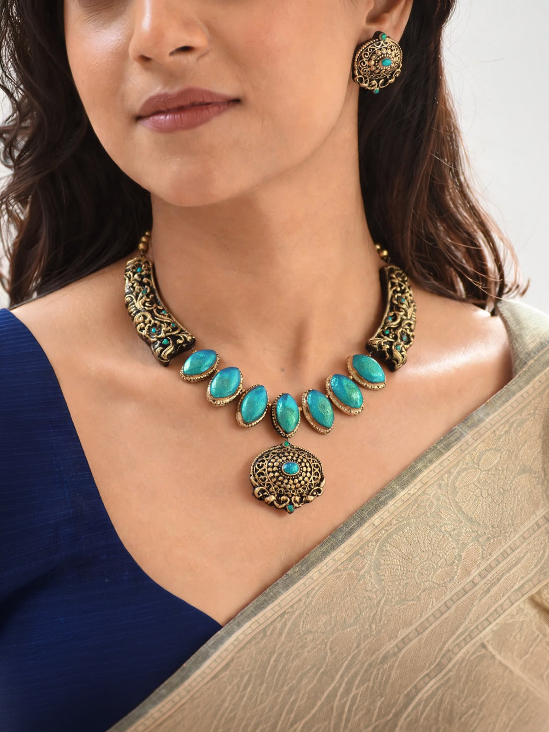 Anvika — Turquoise Teardrop Beaded Antique Gold Pendant Necklace Handmade Jewellery