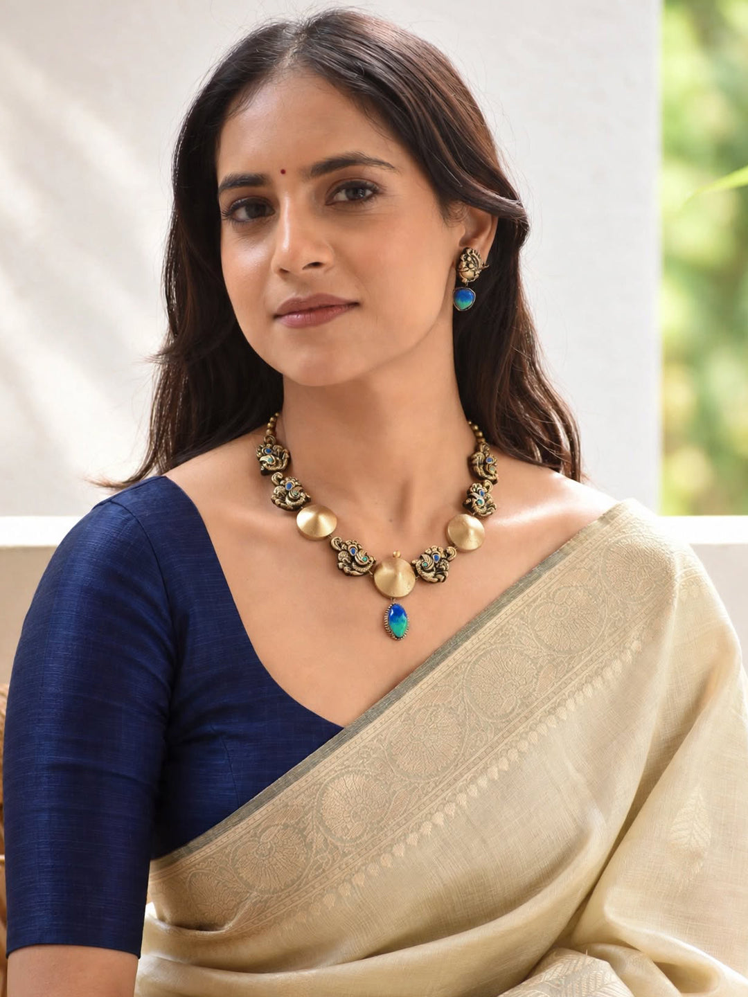 Kavya — Antique Gold Disc Necklace with Turquoise Teardrop Pendant Handmade Jewellery