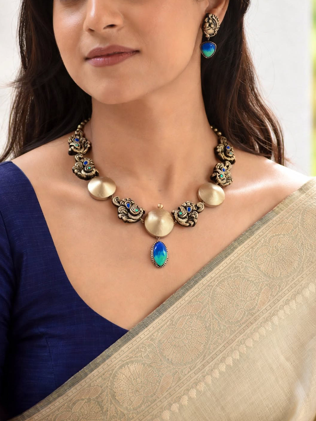 Kavya — Antique Gold Disc Necklace with Turquoise Teardrop Pendant Handmade Jewellery