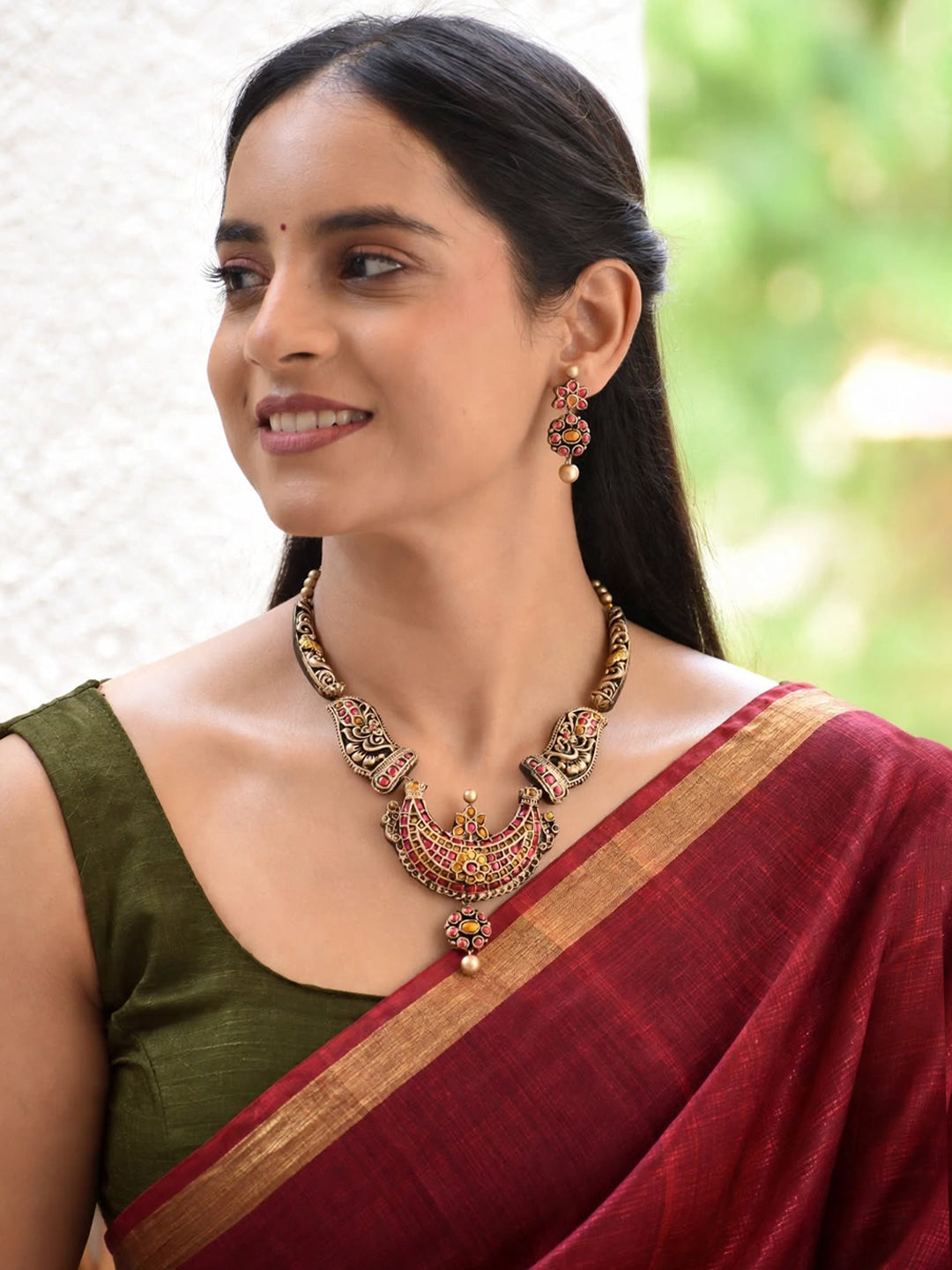 Charulata — Antique Gold Pink Stone Crescent Pendant Necklace Handmade Jewellery