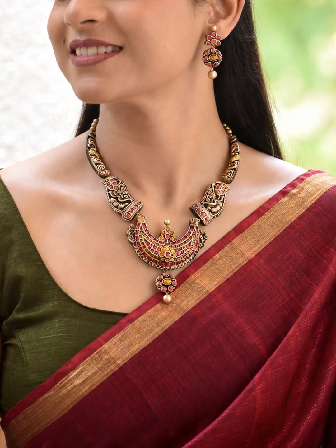 Charulata — Antique Gold Pink Stone Crescent Pendant Necklace Handmade Jewellery