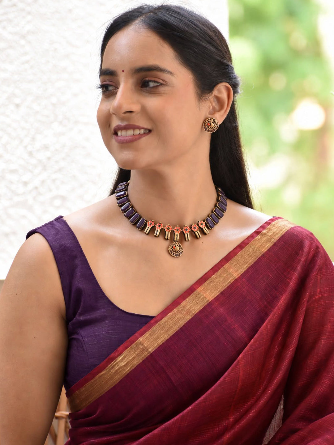 Madhavi — Purple Beaded Antique Gold Pink Stone Drop Necklace Handmade Jewellery
