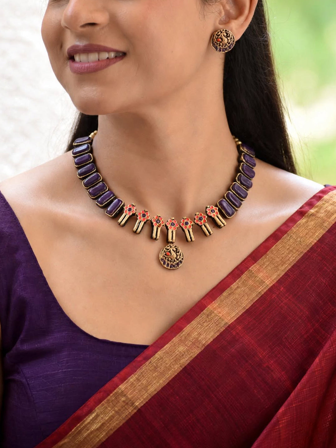 Madhavi — Purple Beaded Antique Gold Pink Stone Drop Necklace Handmade Jewellery