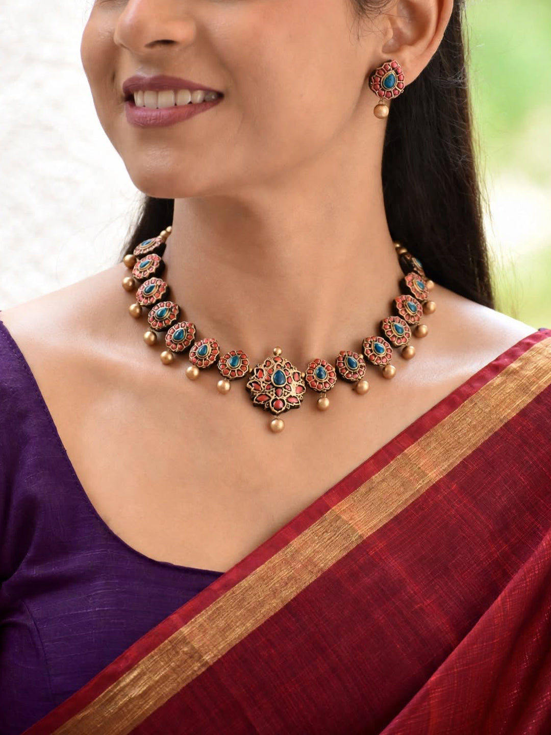 Tanirika — Antique Gold Coral and Turquoise Floral Statement Necklace Handmade Jewellery