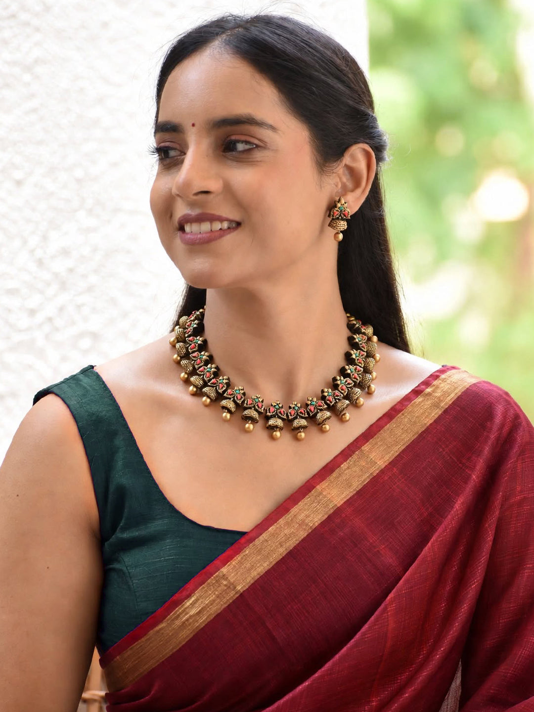 Samyukta — Antique Gold Multicolour Floral Necklace with Bell Drops Handmade Jewellery