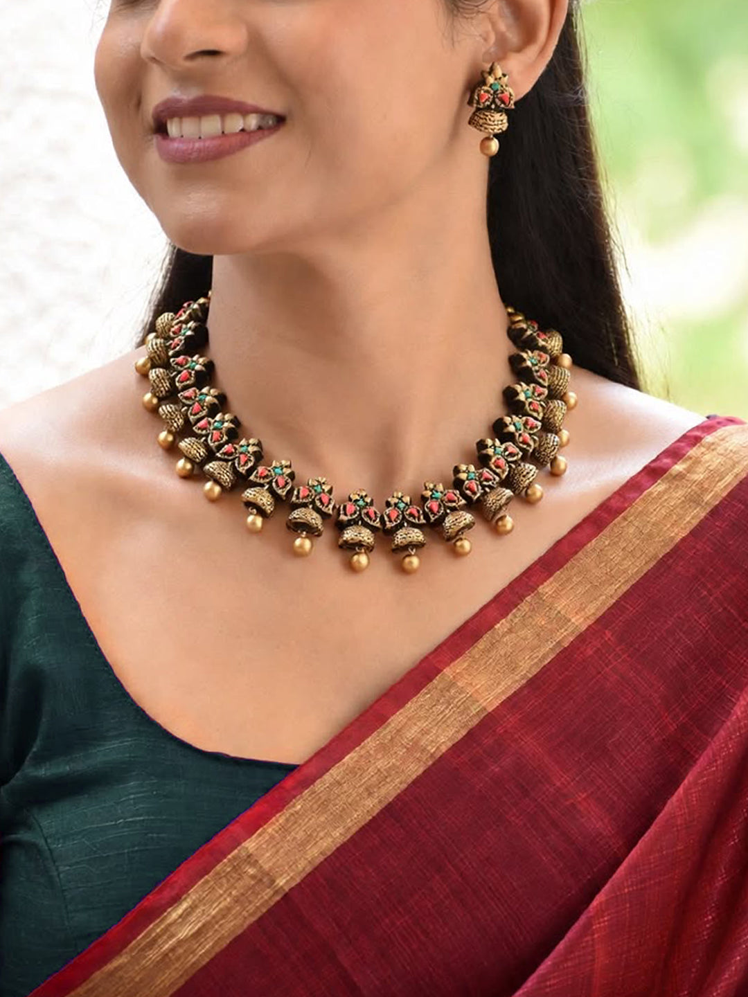 Samyukta — Antique Gold Multicolour Floral Necklace with Bell Drops Handmade Jewellery