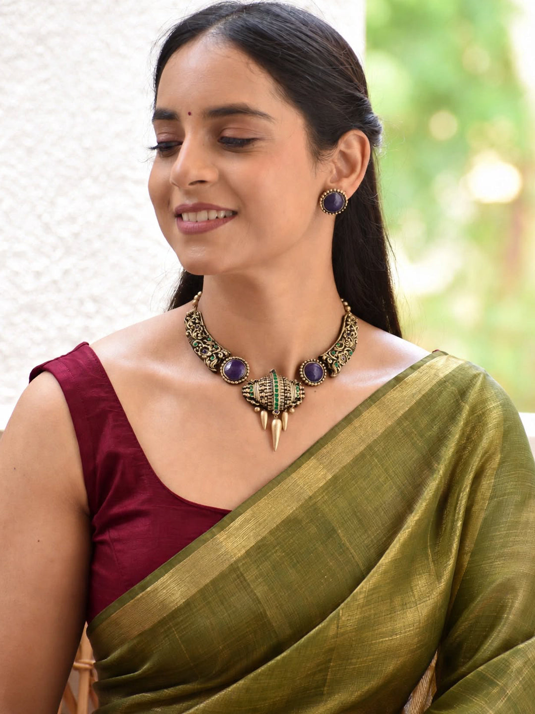 Mrinalini — Antique Gold Blue Stone Tribal Spike Choker Necklace Handmade Jewellery