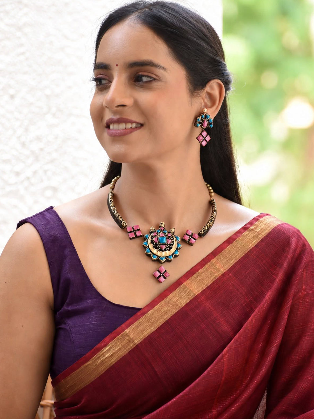 Ridhima — Antique Gold Coral and Turquoise Floral Pendant Necklace Handmade Jewellery
