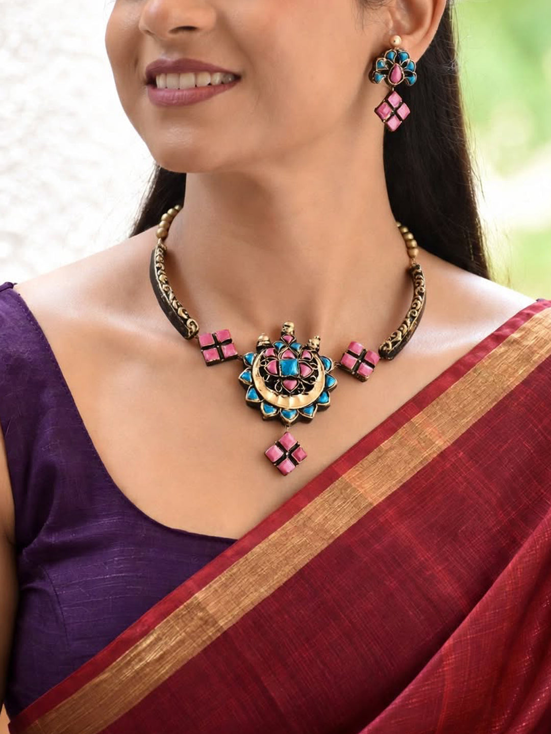 Ridhima — Antique Gold Coral and Turquoise Floral Pendant Necklace Handmade Jewellery