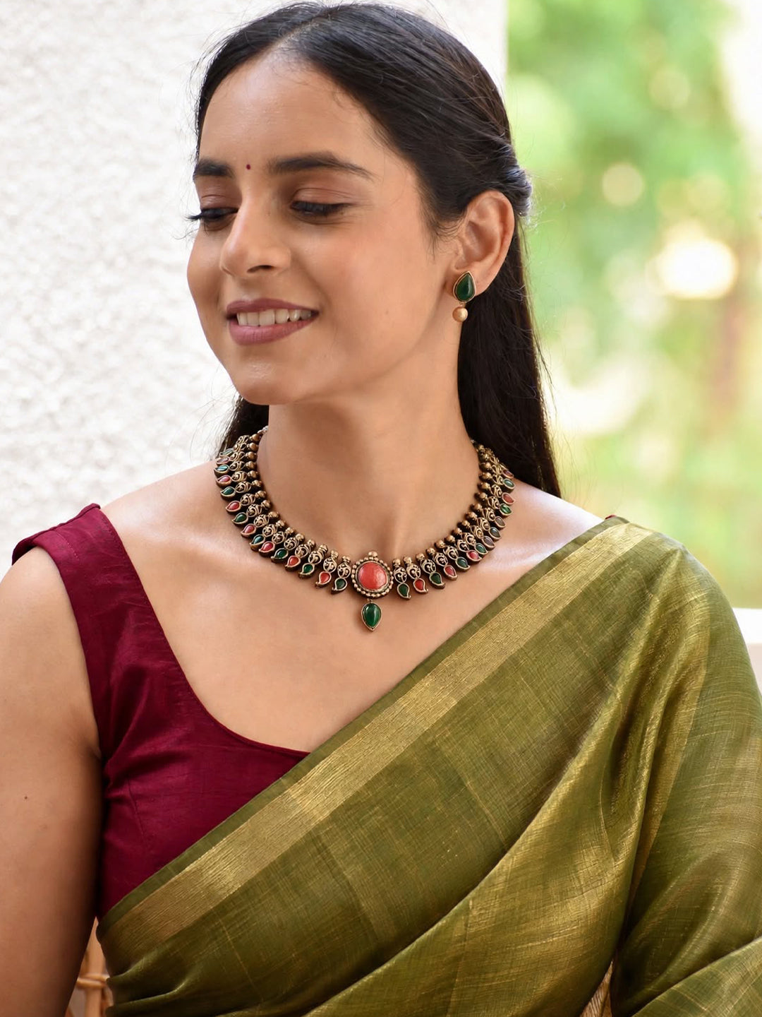 Gaurika — Antique Gold Red and Green Stone Collar Necklace Handmade Jewellery