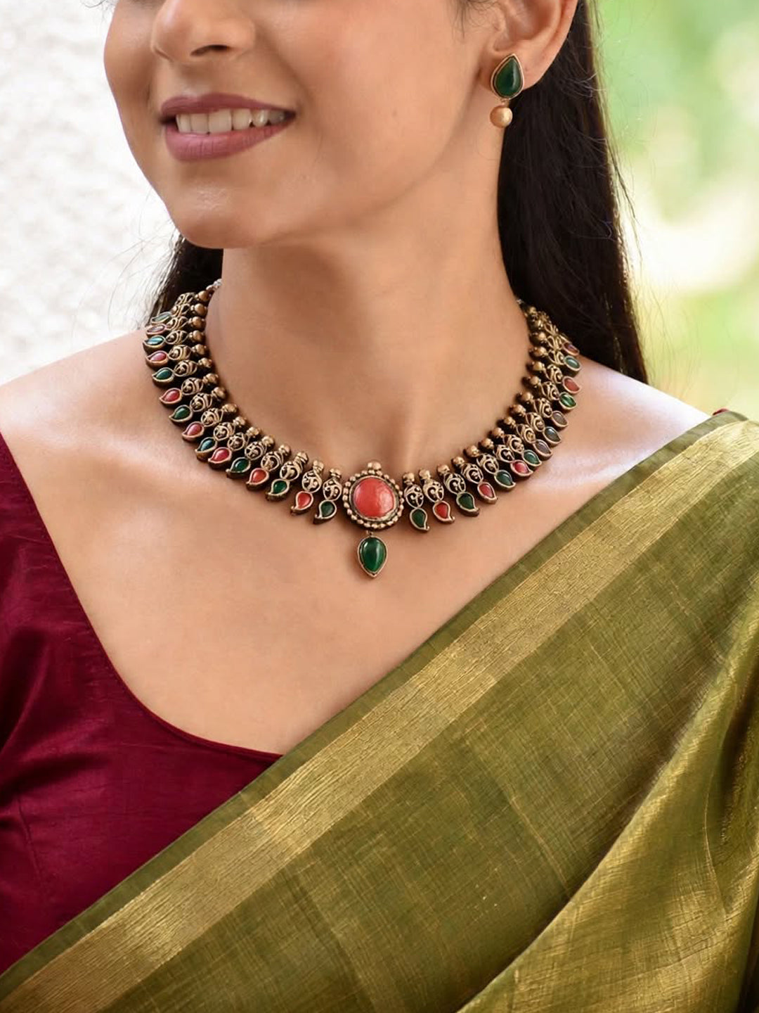 Gaurika — Antique Gold Red and Green Stone Collar Necklace Handmade Jewellery