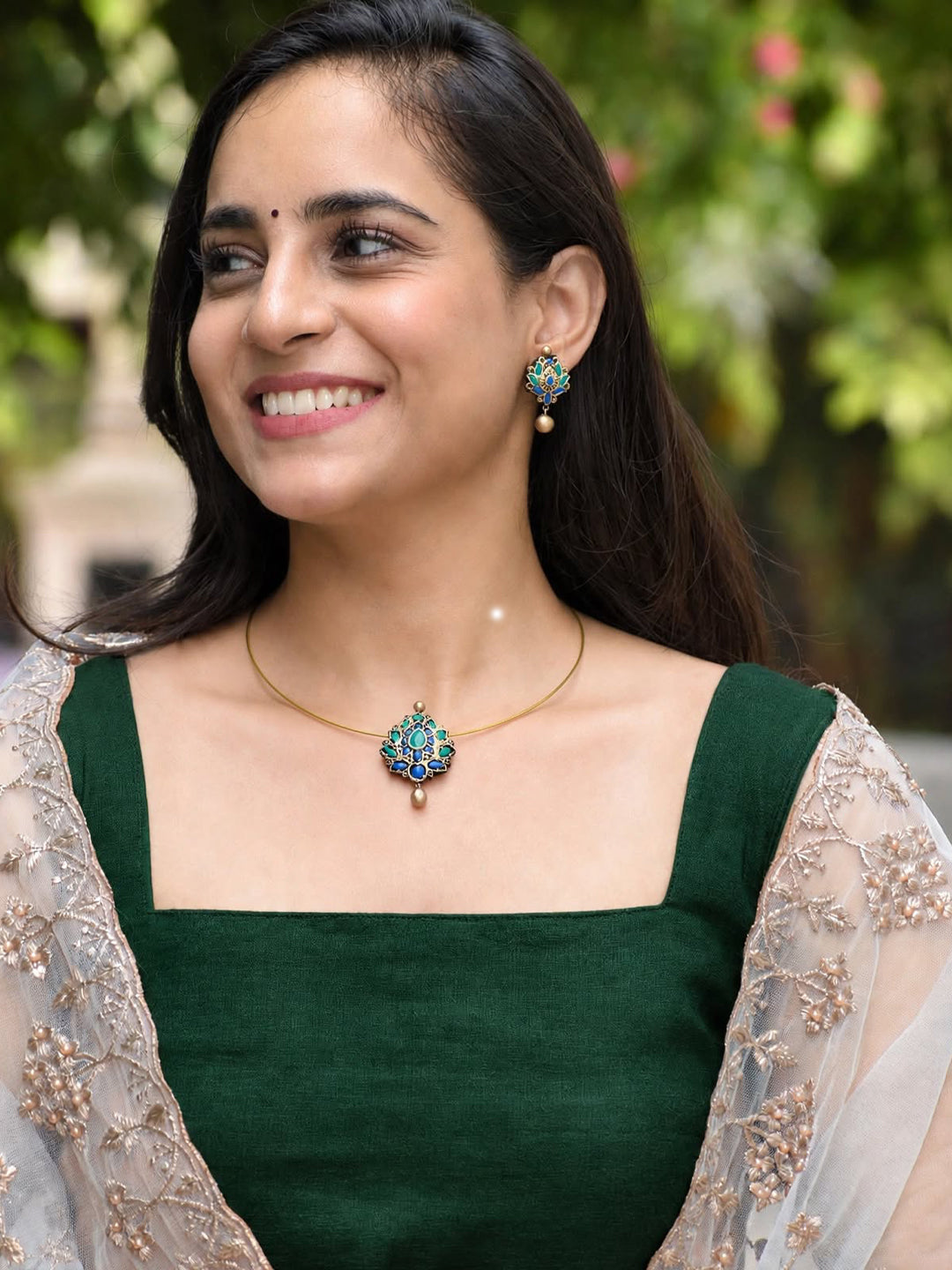 Ragini — Minimal Gold Cord Turquoise Floral Pendant Necklace Handmade Jewellery