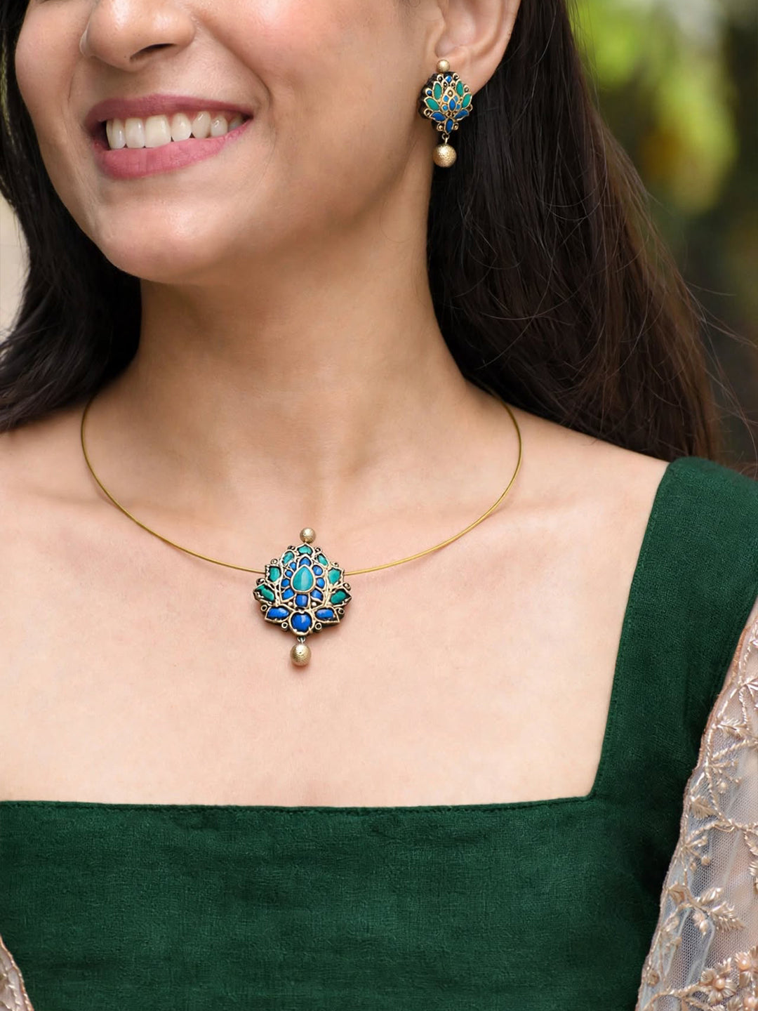 Ragini — Minimal Gold Cord Turquoise Floral Pendant Necklace Handmade Jewellery