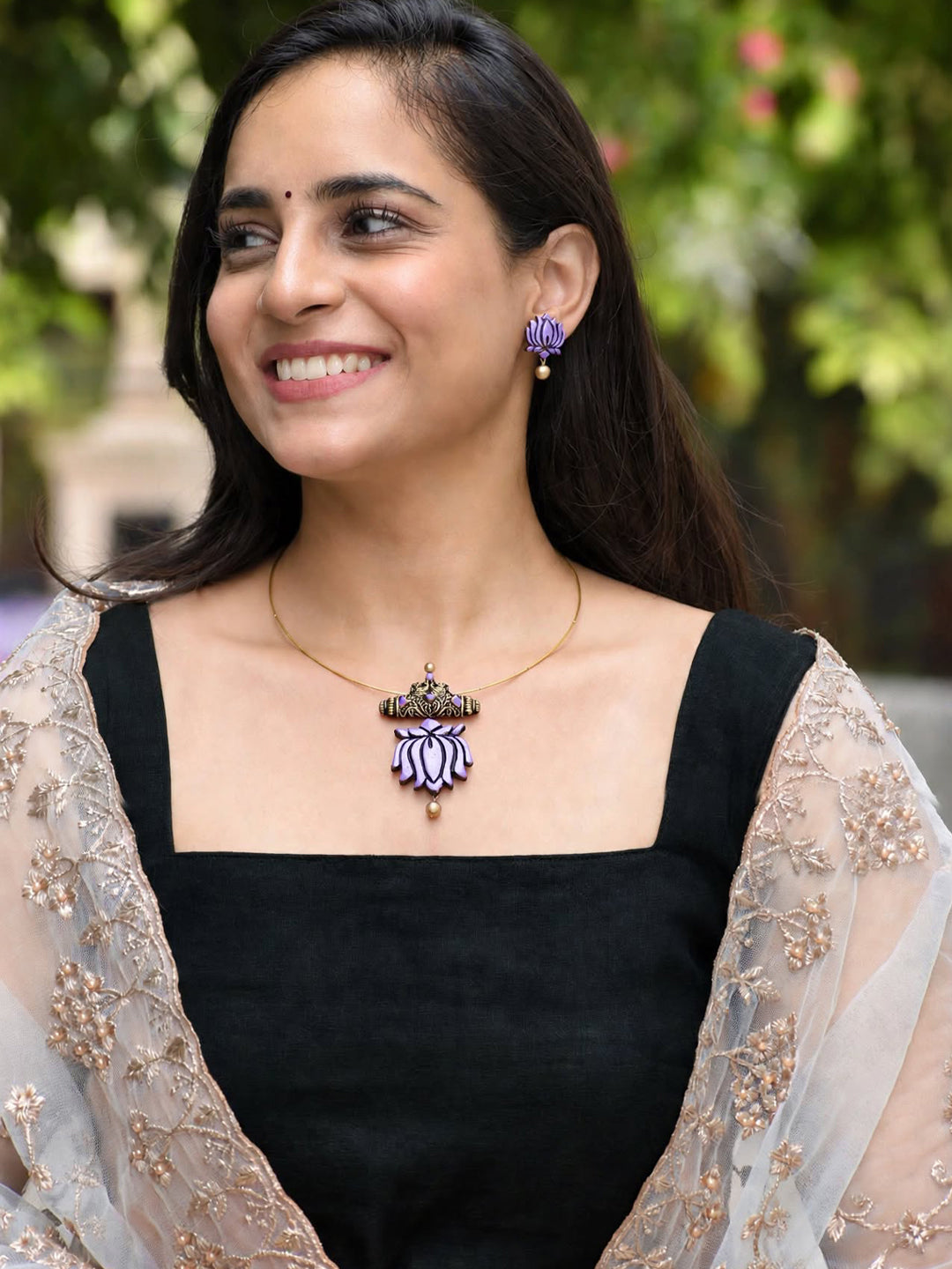 Shambhavi — Purple Lotus Gold Drop Stud Earrings Handmade Jewellery