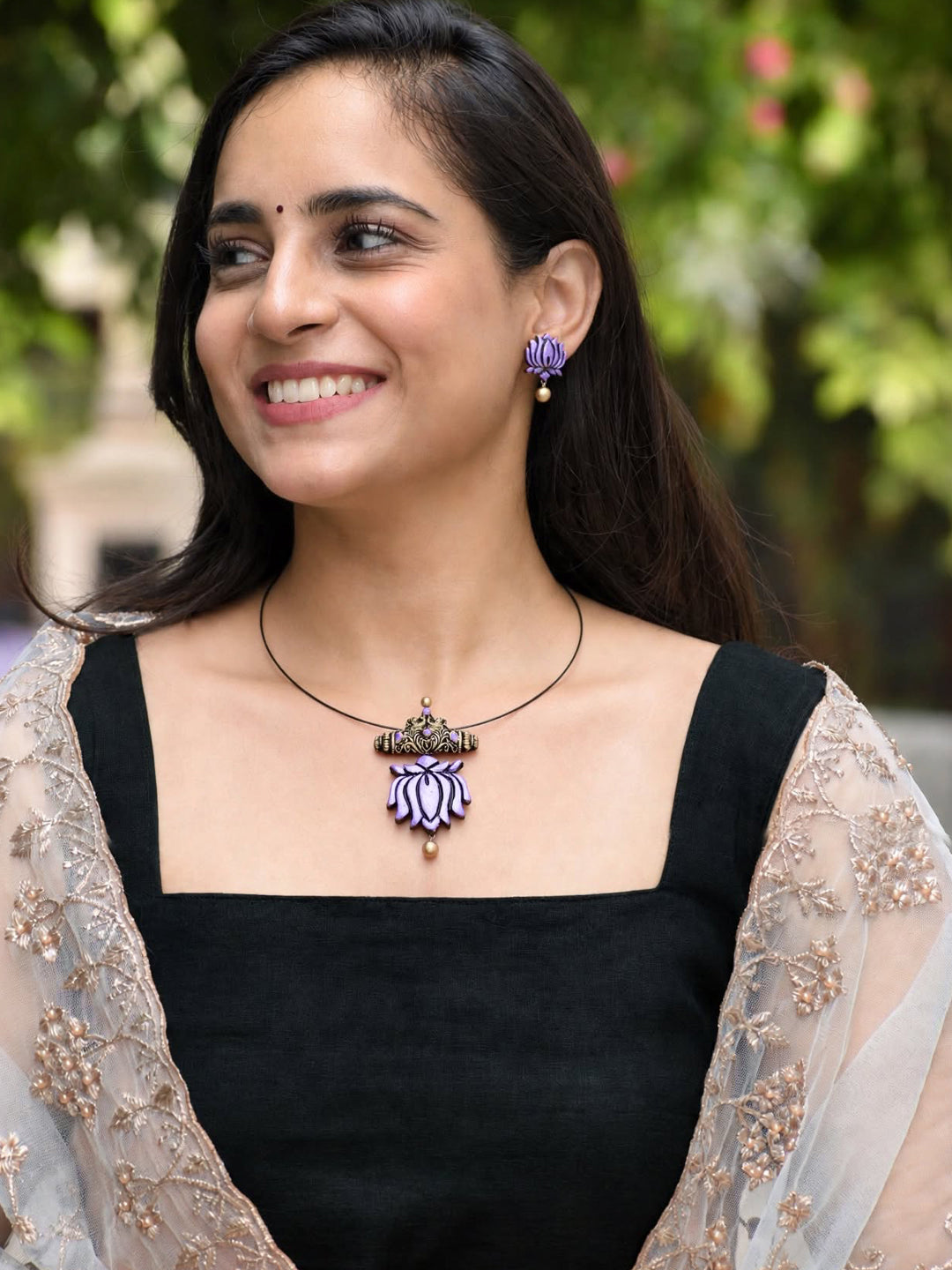Aarohi — Purple Lotus Pendant Minimal Cord Necklace Handmade Jewellery