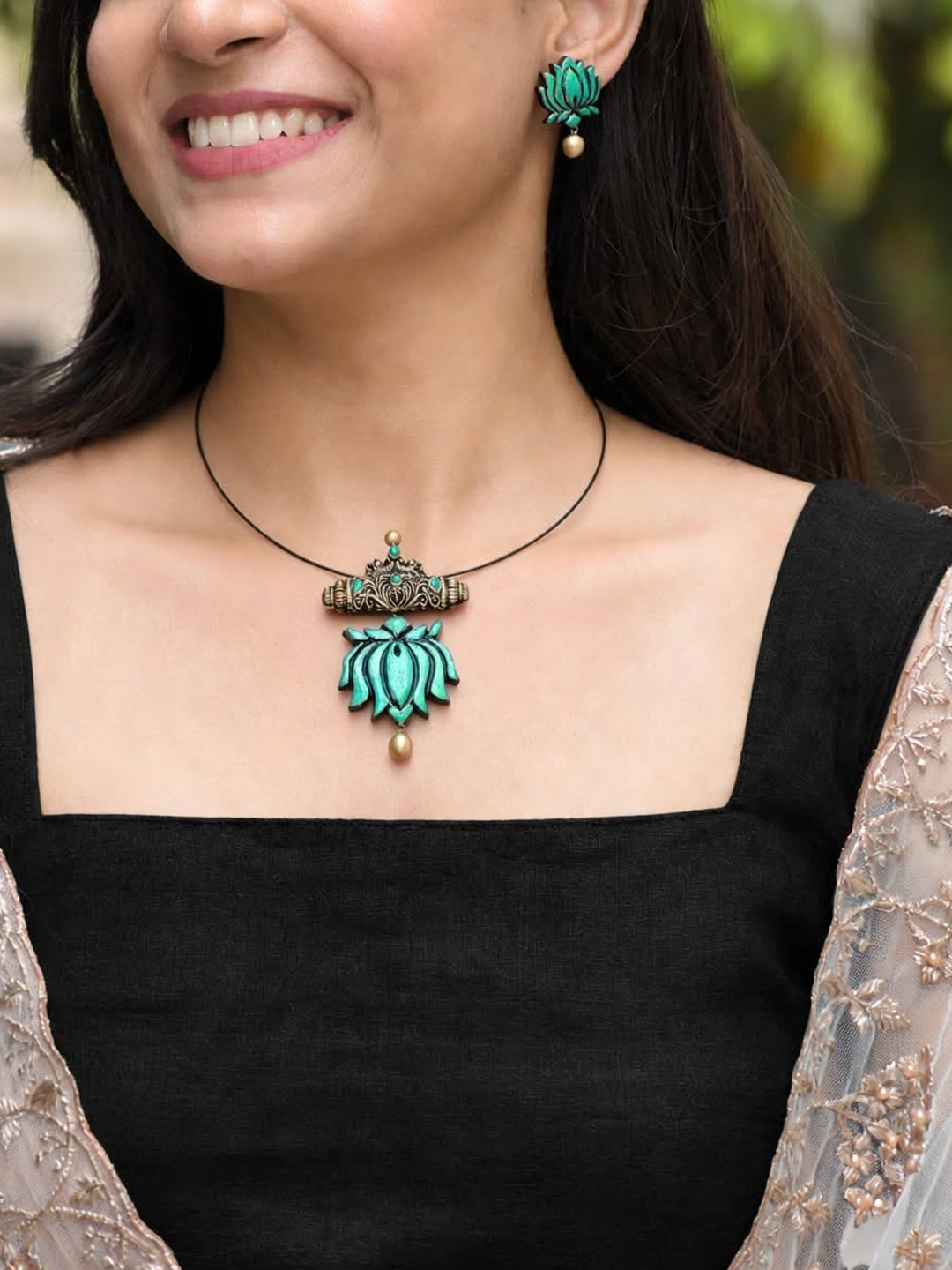 Srishti — Turquoise Lotus Gold Drop Stud Earrings Handmade Jewellery