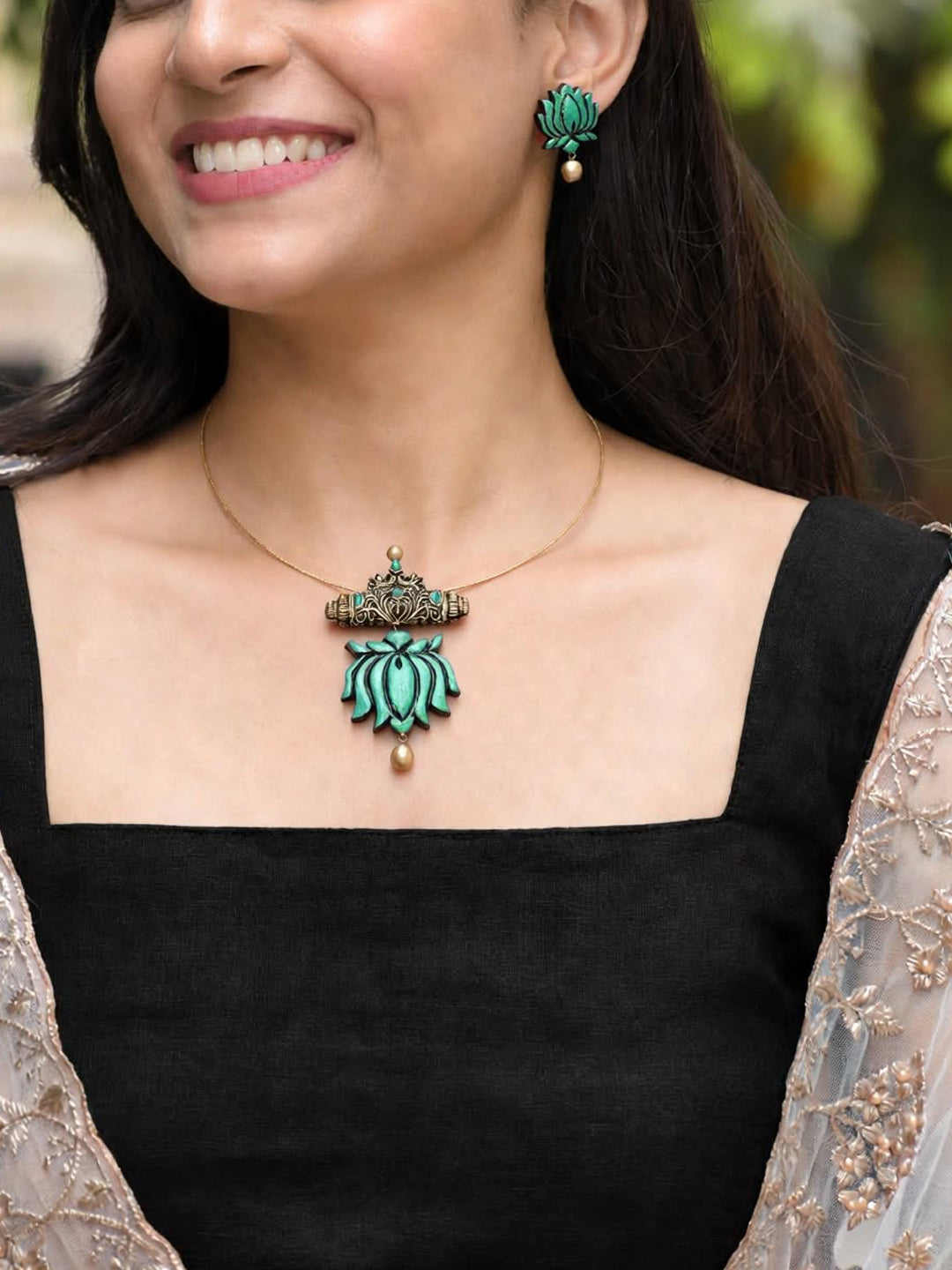 Rupali — Turquoise Lotus Floral Stud Earrings Handmade Jewellery