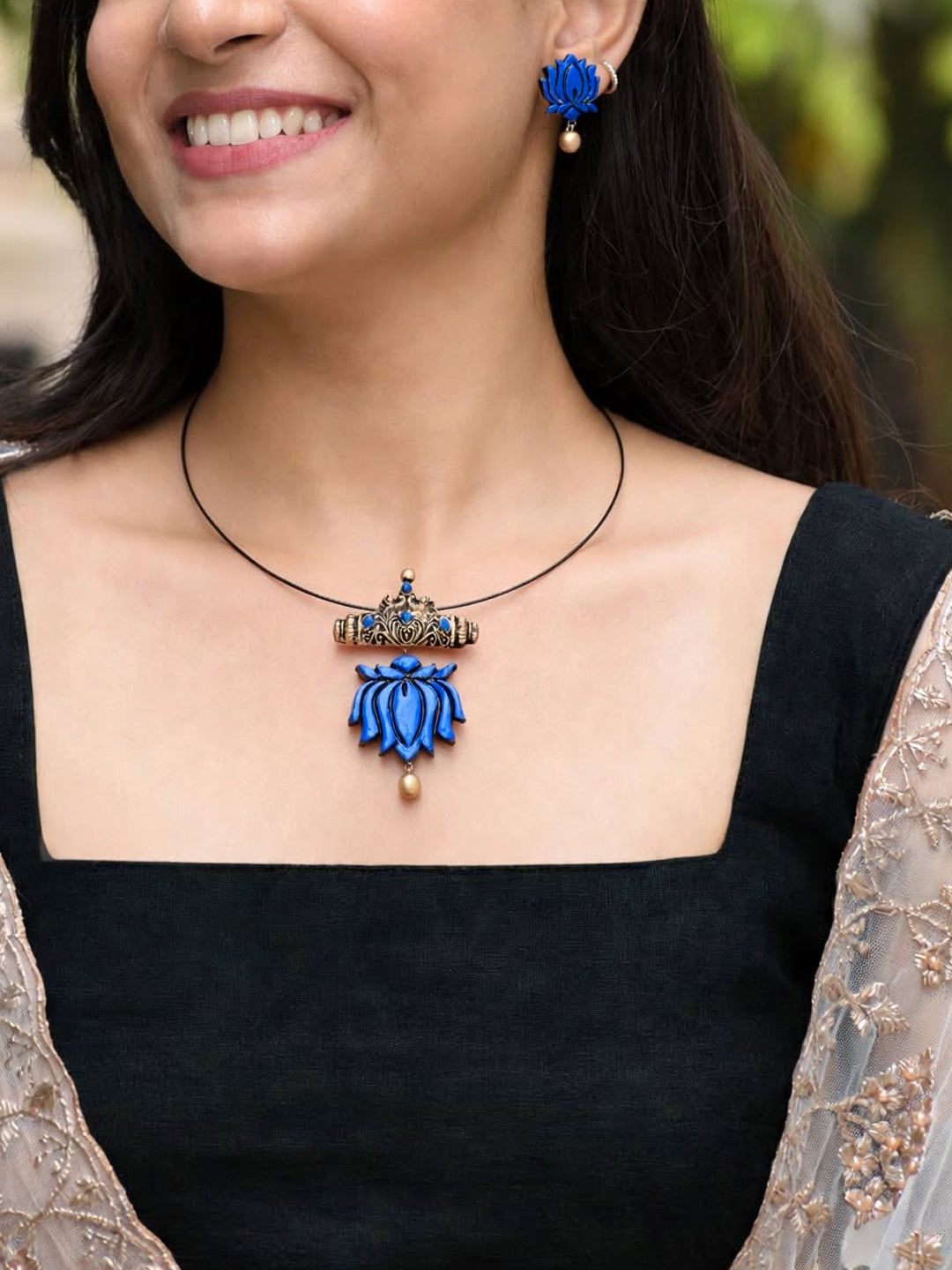 Vedika — Royal Blue Lotus Gold Drop Stud Earrings Handmade Jewellery