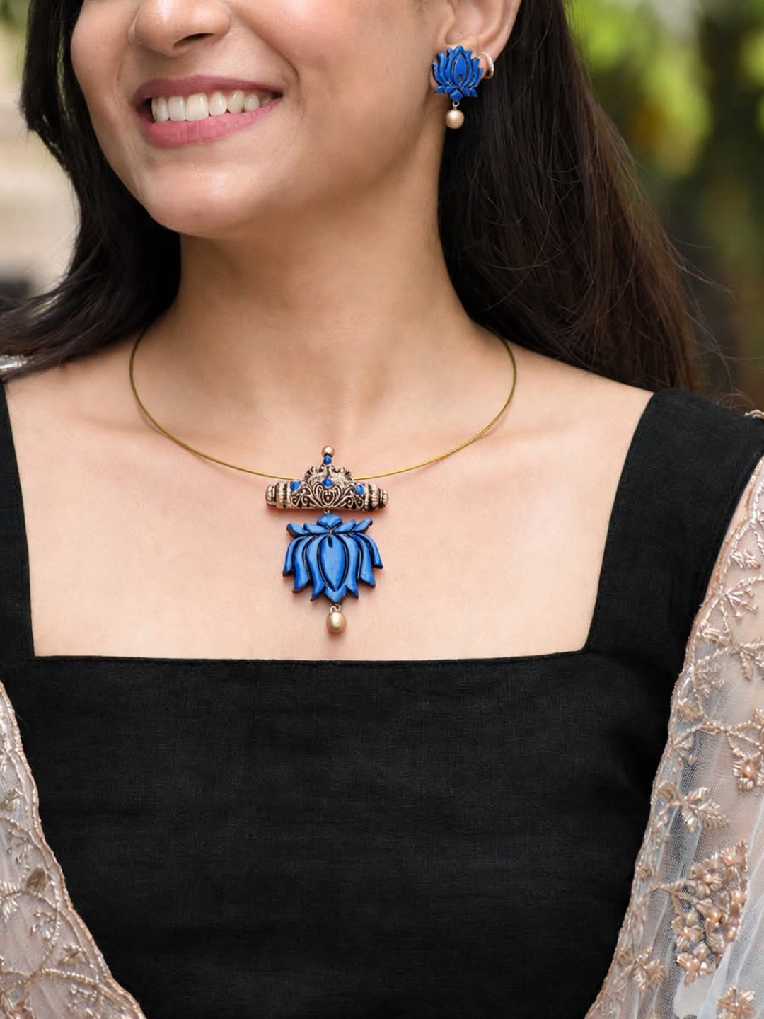 Amulya — Royal Blue Lotus Statement Stud Earrings Handmade Jewellery
