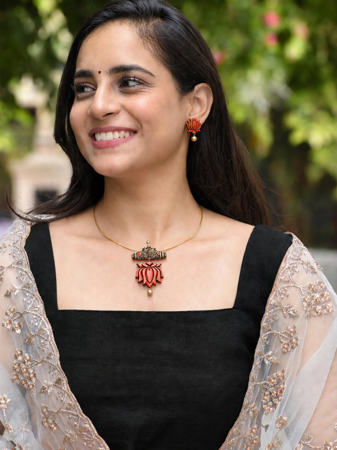 Niharika — Red Lotus Pendant Minimal Gold Cord Necklace Handmade Jewellery