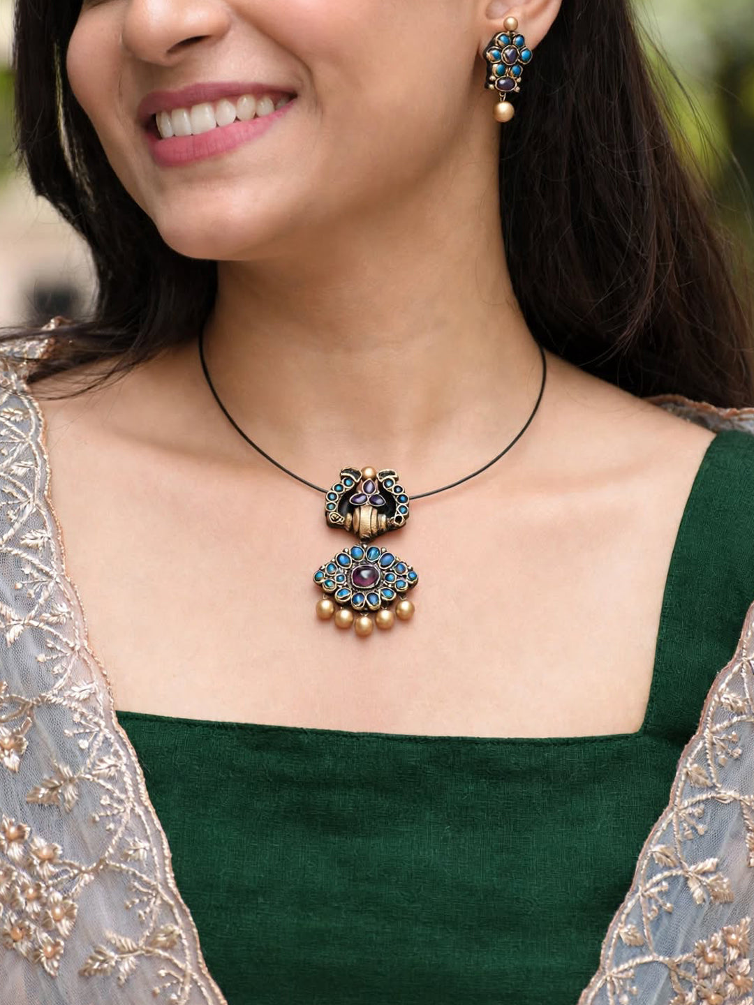 Lasya — Antique Gold Blue Stone Floral Drop Earrings Handmade Jewellery