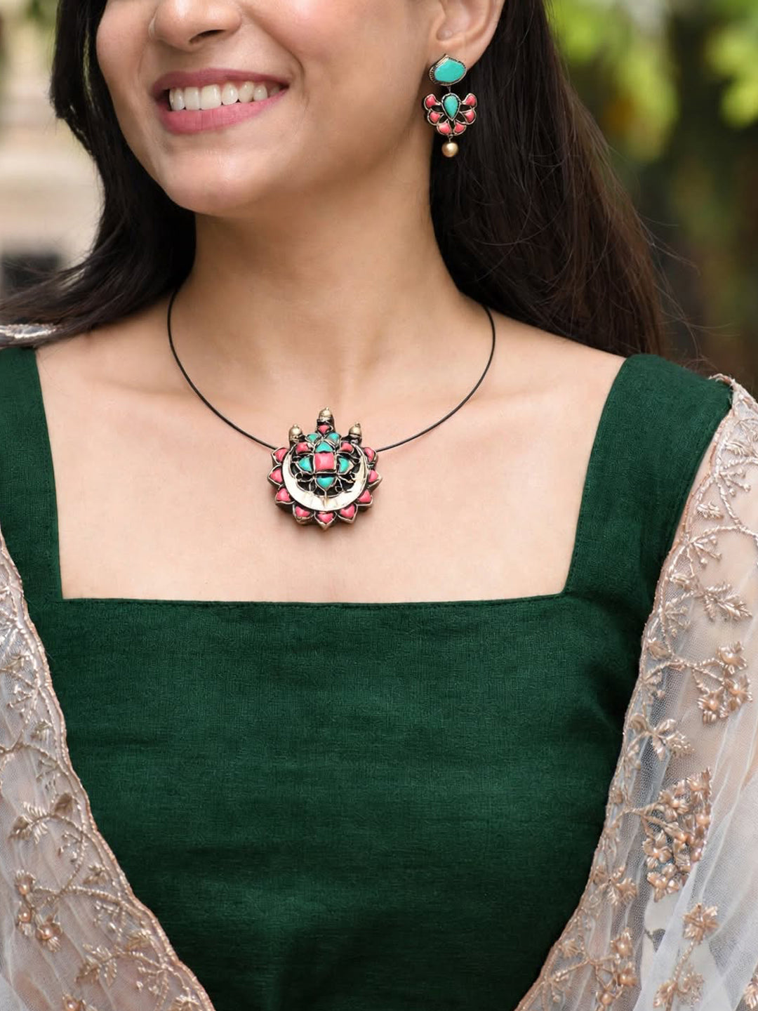 Meher — Turquoise and Coral Floral Gold Drop Earrings Handmade Jewellery