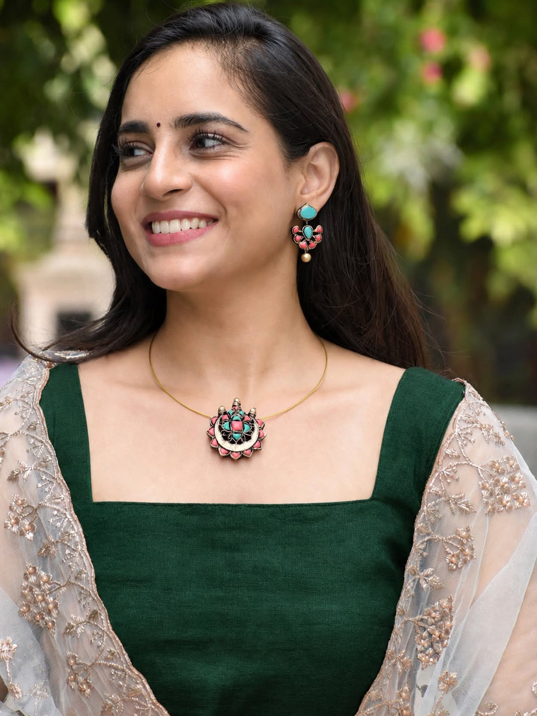 Bhavya — Minimal Gold Cord Red Green Floral Pendant Necklace Handmade Jewellery